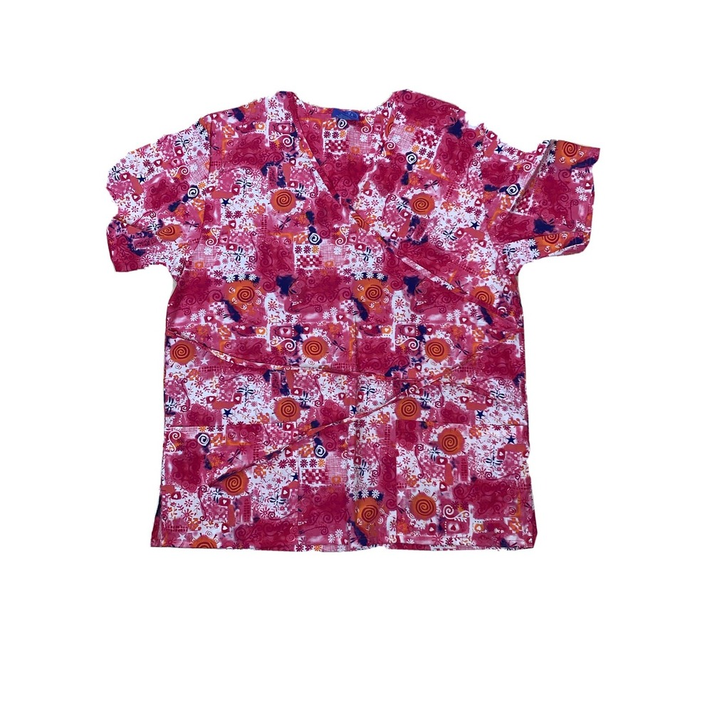 Carol's Scrubs Womens Top Size 2X Pink Orange Spiral Hearts Floral Dragonfli‎